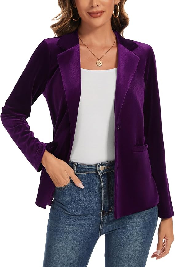 Women's Velvet Blazer Jacket Casual Long Sleeve 2 Button Jackets