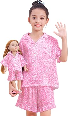 ICOSY Matching Doll & Girls Silk Pajamas Satin Pjs for Girls Button-Down Top and Shorts for 18" Doll Girl Clothes