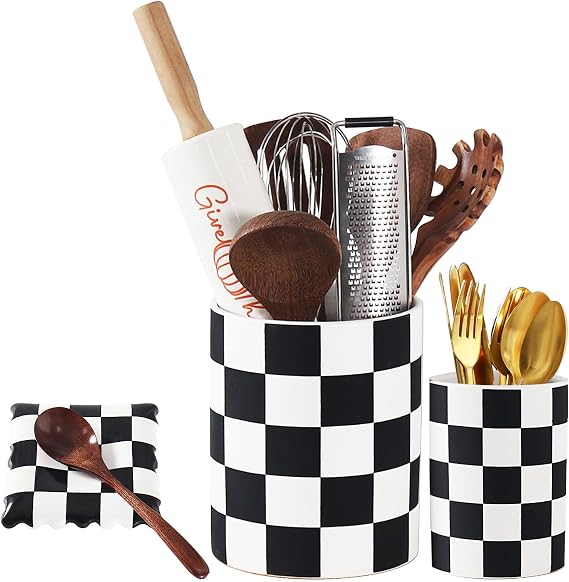 7.1"+5.8" Ceramic Kitchen Utensil Holder+Checkered Spoon Rest for Stove Top