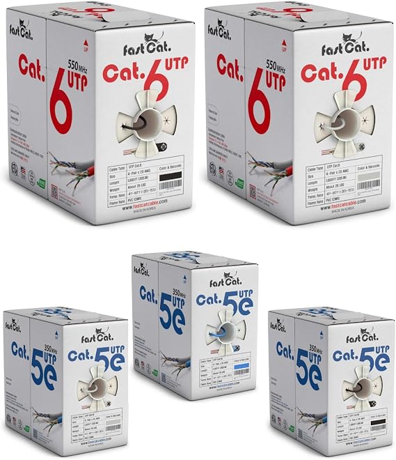 fast Cat. Cat6 and Cat5e Ethernet Cable Bundle -5-Pack 1000ft Each - Solid Bare Copper, CMR Rated, UTP LAN Cable - Cat6 (Black & White) & Cat5e (Blue, Black & White)