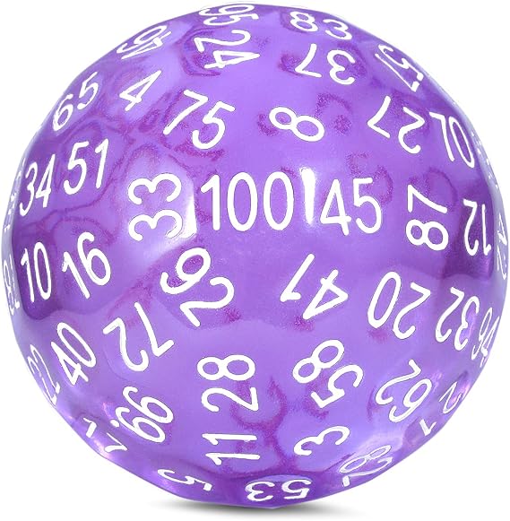Glitter Purple D100 Dice DNDND 100 Sided Die with Translucent Pouch for Dungeons and Dragons(Chameleon Purple with White Number)