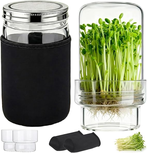Sprouting Jar Kit, 2 Pack Wide Mouth Mason Jar Sprouter with Stainless Stee Screen Lids & Mess-Free Drip Covers Complete Indoor Microgreens Growing Kit Broccoli Alfalfa Gardening Gift