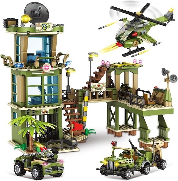 City Military Base Building Block, Compatible with Lego Military Base, Army Toy with War Helicopter, Marine Artillery Vehicle, Police Car, Gift for Kid 6 7 8 9 10 11 12 13 14 Years Old (811 Pieces)