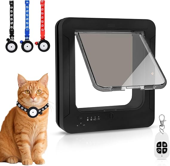 Smart Cat Door for Interior & Exterior, Flap Opening is 7.67 (H) by 7'' (W), RFID Cat Pet Door with 3 RFID Collar Sensor Keys & 1 Remote & 4 Way Locking Cat Flap, Automatic Opening Cat Door (Black)