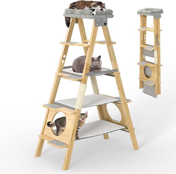 GDLF Cat Ladder for Large Cats, 60-Inch Solid Wood Foldable Cat Tree