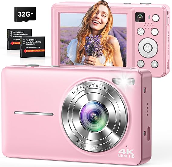 Digital Camera, 4K 64MP Cameras for Photography, Small Compact Point and Shoot Digital Camera with Auto Focus, Dual Camera, Flash, 16X Zoom, 32GB Card, Vlogging Camera for Teens,Boys, Girls