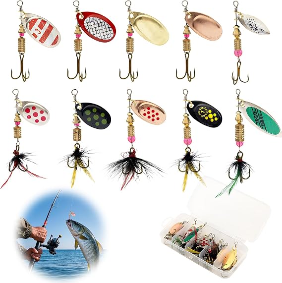 10Pcs Spinner Bait Set, Fishing Lures Set with 360° Rotating Blades, Long Cast Streamline Lures & Triple Hooks for Trout Bass Pike Salmon in Freshwater Saltwater Fishing