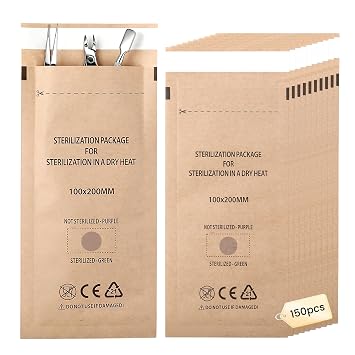 150Pcs Disposable Self-sealing Sterilizer Pouches for Nail Tool, Dry Heat Autoclave Nail Tools Sterilizer Bags, Sterilization Pouches Kraft Paper for Nail Tools Supplies (100mm x 200mm)