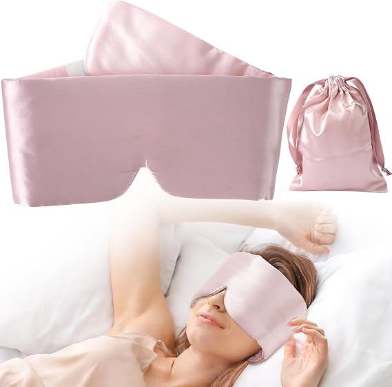 Silk Sleep Eye Mask - Women Men 100% Mulberry Blackout Blindfold Adjustable Sleeping Masks (Pink)