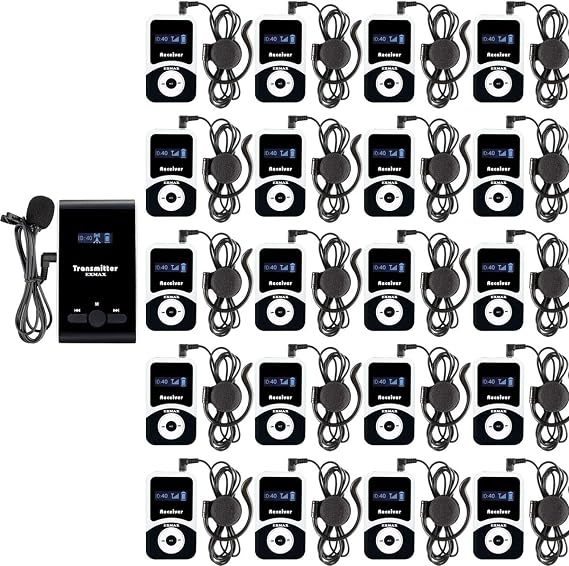 EXMAX EX-100 Wireless Tour Guide Interpreter Transmitter Microphone System for Churches Church Translation Simultaneous Interpreting Teaching Silent Conference City Travel(1 Transmitter 20 Receivers)
