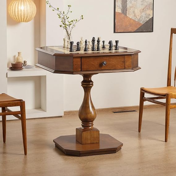 Reversible Chess Checker Game Table with 2 Drawers, Cherry Colored