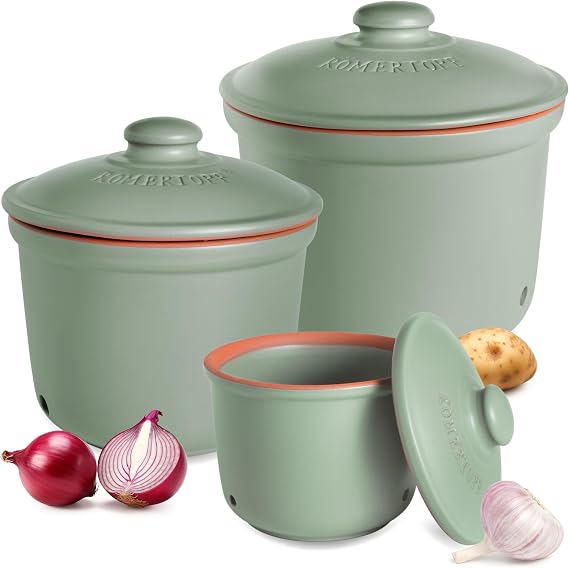 Romertopf Potato Pot Onion Pot Garlic Pot Set of 3 Green