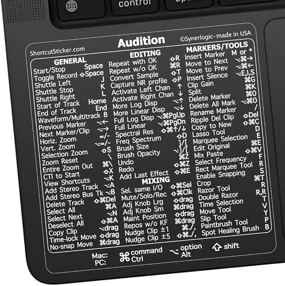 Synerlogic for Adobe Audition Quick Reference Keyboard Shortcut Sticker for Any MacBook or Windows PC (Clear-White)