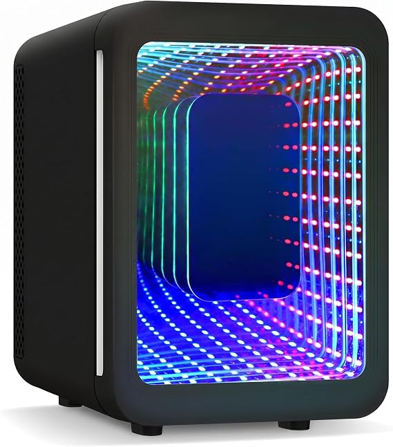4 Liter Mini Fridge with RGB LED Mirror, AC/DC Skincare Fridge | Portable Cooler & Warmer, Beauty Refrigerator for Drinks, Cosmetics & Makeup, Small Desk Fridge for Bedroom, Car, Black [Energy Class C]