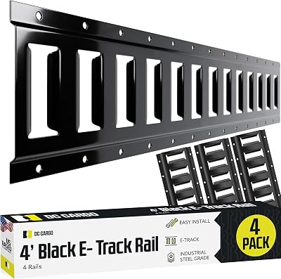 DC Cargo Mall E Track Tie Down Rail Kit 4 4 Pack for Garages, Vans, Trailers, Motorcycle Tie Downs, ATV Mountings - Powder-Coat Black - Secure Cargo & Heavy Loads Up to 2,000 lbs