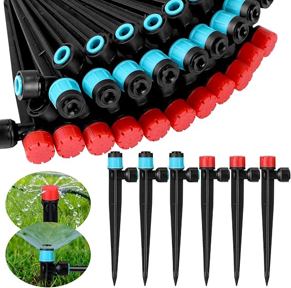 Glooglitter 100 Pcs Drip Irrigation Emitters for 1/4" Tubing 50 Micro Irrigation Emitters Sprayer 50 Adjustable 360 Degree Water Flow Drippers for Garden Irrigation System(Red, Blue, Fast Connect)