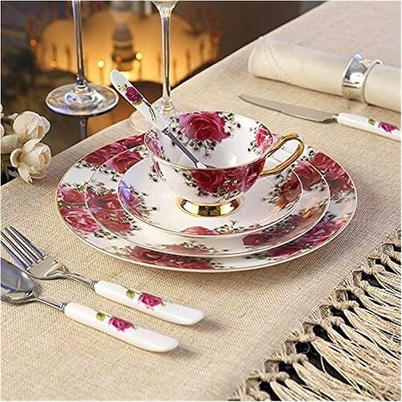Luxurious Dinning Dinnerware Set, Party Dinner Set Pastoral Bone China Tableware Set with Fork Knife Dishes Plates Royal Advanced Porcelain Cutlery Dinnerware,A,A