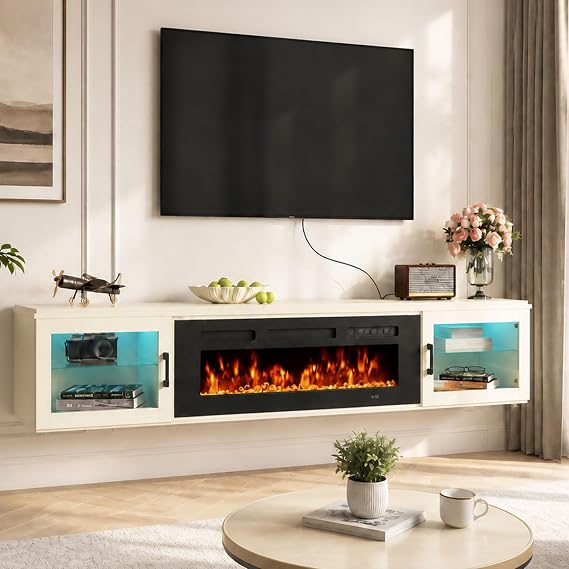 70" Floating TV Stand with 36" Electric Fireplace,White & Black