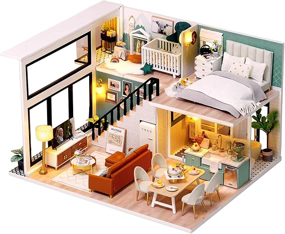 TuKIIE DIY Miniature Dollhouse Kit with Furniture, 1:24 Scale Creative Room Mini Wooden Doll House Accessories Plus Dust Proof & Music Movement for Kids Teens Adults(Comfortable Life)