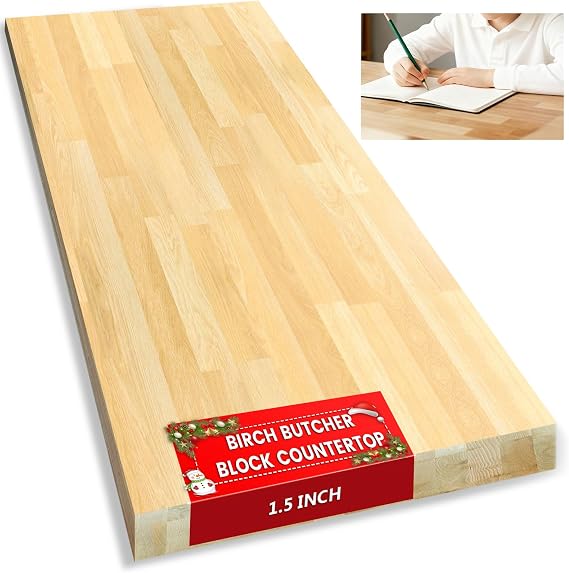 Butcher Block Countertop Solid Wood Table Top Birch Countertop Cutting Board for DIY Wood Desk Top Washer Dryer Counter Top Butcher Block Work Bench Top for Office Desk, Unfinished Top 60 x 25x 1.4 in