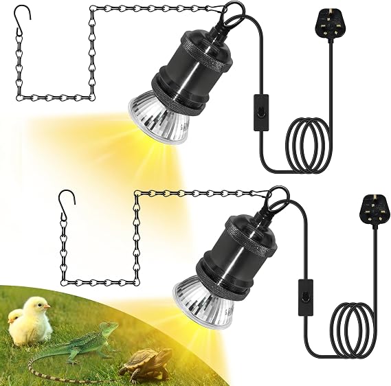 2 Pack E27 Reptile Ceramic Heat Lamp Holders, Terrarium Heater with 39" Hanging Chain & 280CM Cable, Plug in Heat Light for Tortoise, Lizard, Snake, Spider, Chick Pets