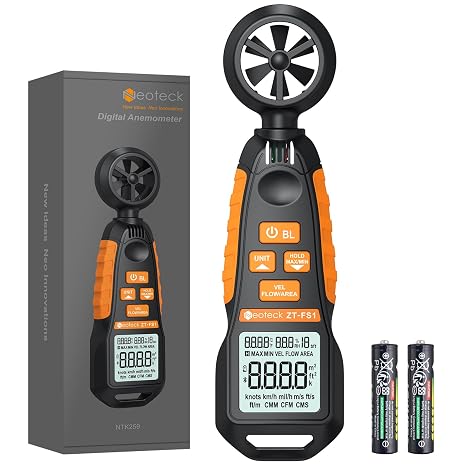 Neoteck Handheld Anemometer, Digital Wind Speed Meter Gauge Air Flow Velocity Tester with Backlit LCD, CFM Volume Humidity Temperature for HVAC Drone Sailing Shooting - Orange