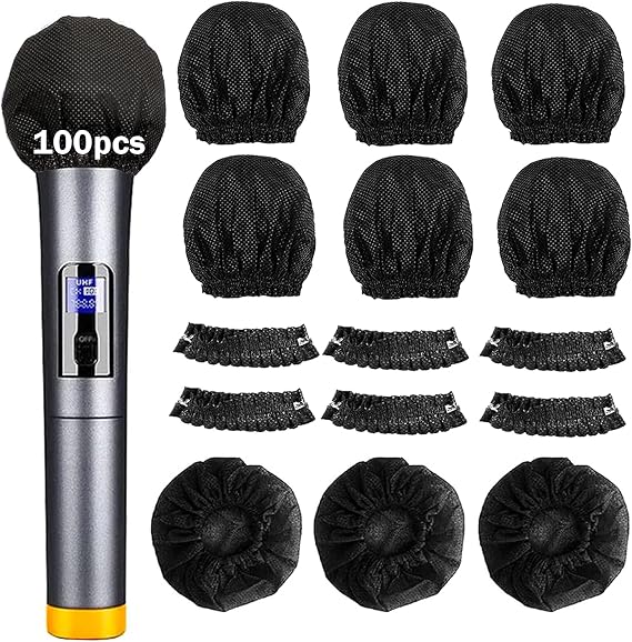 SUNPRO 100pcs Disposable Microphone Covers, Sanitary Non-Woven Mic Windscreens with High-Elasticity Band, Acoustically Transparent Pop Filter for Karaoke, Church, Stage Performance & Shared Mics