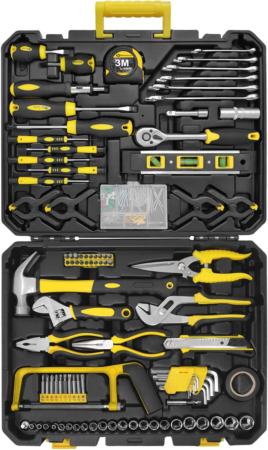199 Pcs Home Repair Tool Kit Mechanics & Household Tool set Hand Tool Toolbox Rip Claw Hammer,Linemans Plier, Measure Tape Rule for Home DIY Projects Repairs and Basic Full Set With Plastic Toolbox