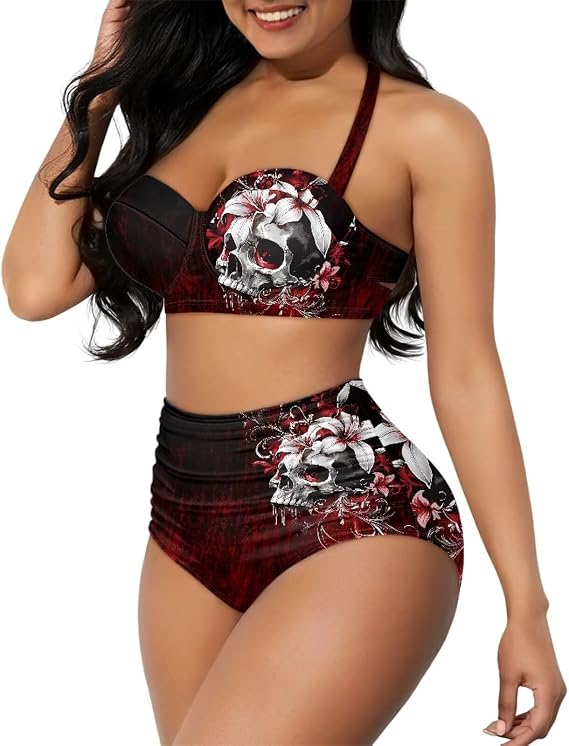 Women's Two Piece Swimsuit Sexy Tummy Control Bikini Sets High Waist Bathing Suits Ruched Ruffle Push Up for Women