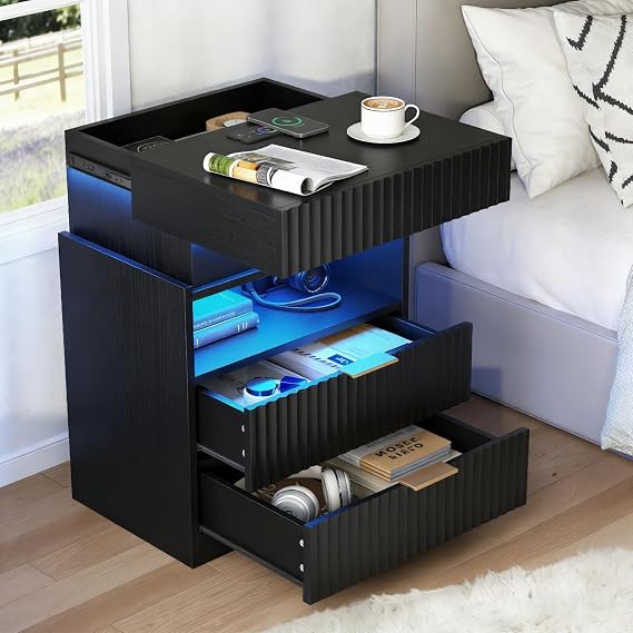 Night Stand with Wireless Charging Station, Black Bedside Table with Hidden Gun Drawer & LED Lights, Modern End Table with 2 Drawers, Fluted Nightstands with Open Storage Shelf for Bedroom