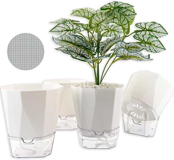 4 Packs Self Watering Plant Pots, Plastic Flower Pots with Drainage Hole and Saucer, Self Watering Planters for Indoor Outdoor Garden Plants, African Violet, Herbs (White, 5")