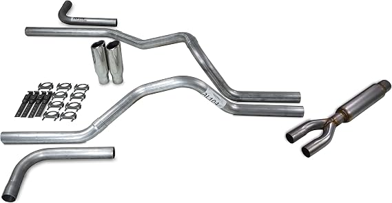 Truck Exhaust Kits - ShopLine Dual Exhaust System 2.5" Aluminized Pipe | Torpedo Glasspack Straight Through Muffler, 3.5" x 12" Stainless Rolled Edge Tips, Side of Vehicle Exit Pipes, Made In USA