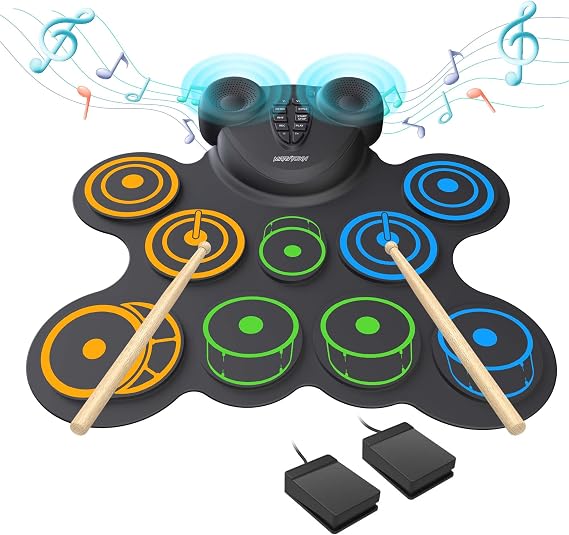 MARVTOWN 10 Pads Portable Electronic Drum Pad for Kids,Electric Drum Set with 0.5in Thickened Silicone,Built-in 2 Speakers,Rechargeable Battery,Headphone Jack,MIDI,W/Foot Pedals & Drumsticks,Best Gift