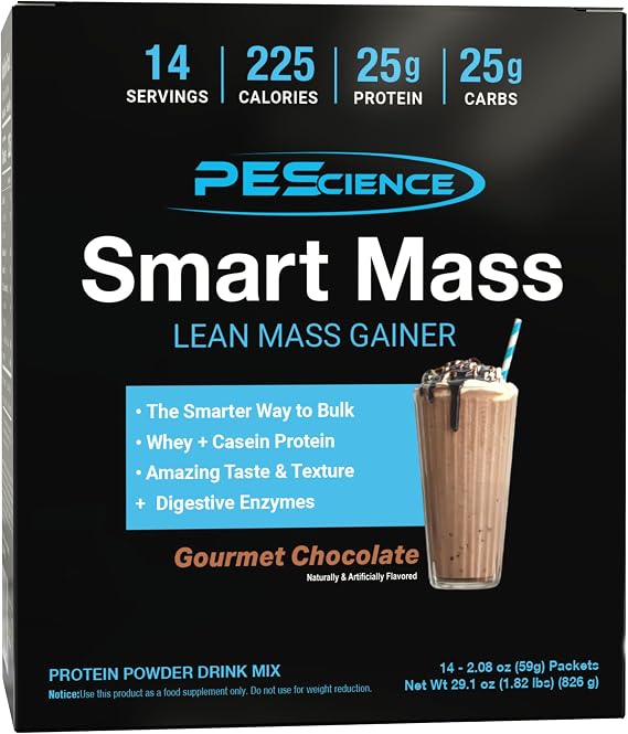 PEScience Smart Mass Gainer, Gourmet Chocolate, 14 Packets | Lean Muscle Weight Gainer, Whey Protein & Casein Protein Blend, Slow-Digesting Carbs, Maltodextrin-Free