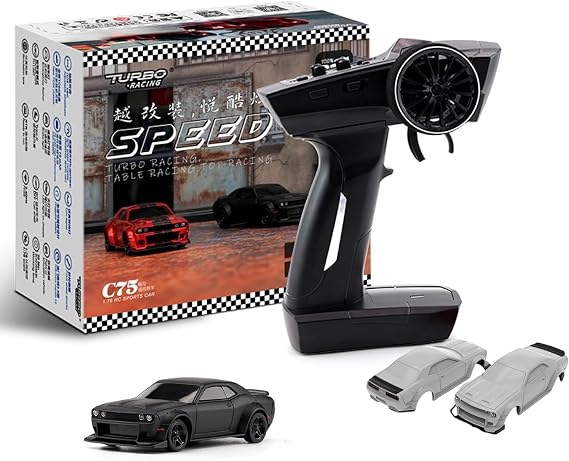 Turbo Racing 1:76 Scale Drift RC Car with Gyro Mini Full Proportional RTR 2.4GHZ Remote Control with 2 Replaceable Body Shell (C75-Black)