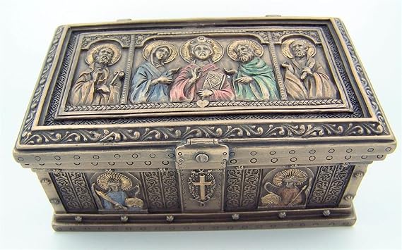 Cold Cast Bronze 4 7/8 Inch Jesus Christ Saint Peter St Paul Icon Relic Rosary Trinket Box