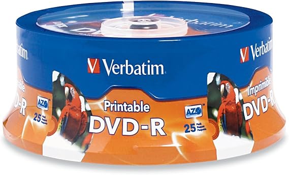 Verbatim DVD-R 4.7GB 16X White Inkjet Printable with Branded Hub, 25-Disc,Silver