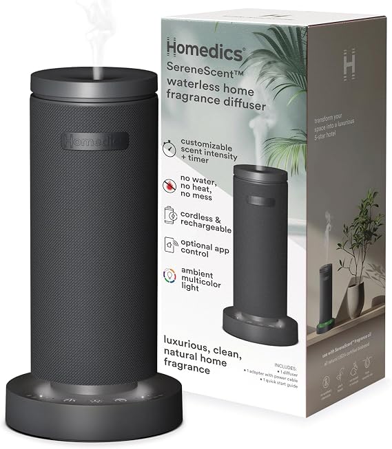 Homedics SereneScent Mini Fabric Rechargeable Waterless Diffuser, Charcoal | Cordless Aromatherapy Device, Use with SereneScent Oil 15ml (Sold Separately), Adjustable Mist Intensity & Ambient Light