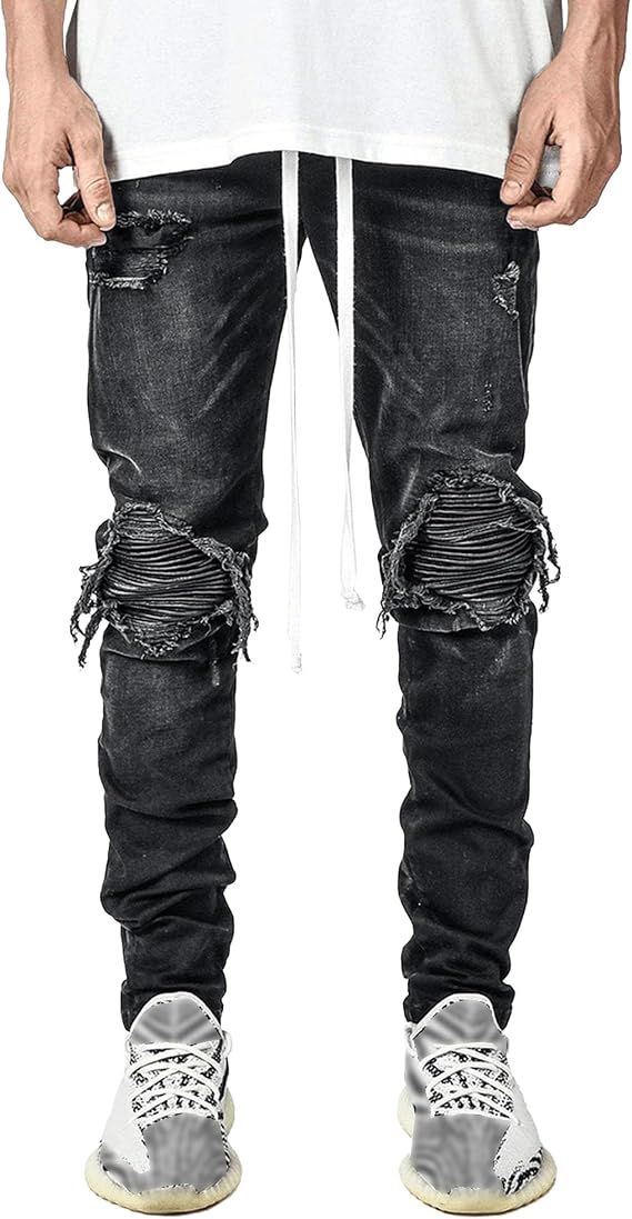 Mens Slim Fit Stretch Jeans Ripped Punk Skinny Jeans Fashion Tapered Leg Moto Biker Denim Pants