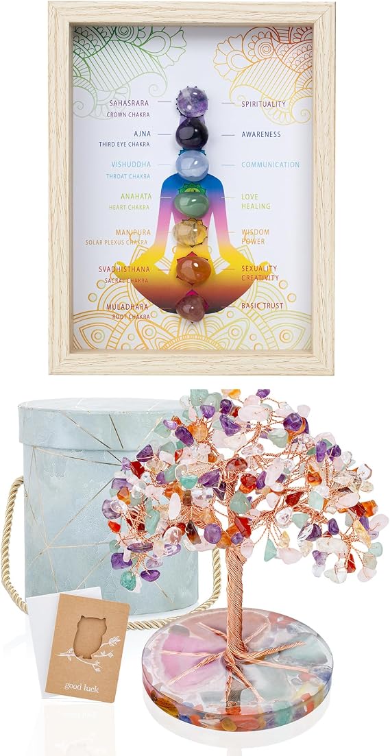 ZenBless 7 Chakra Healing Crystals Stones Tree, Colorful Crystal Stone Leaf Wire Wrapped on Natural Agate Slice Base,and Picture Frame, Decorative Photo for Reiki Decor