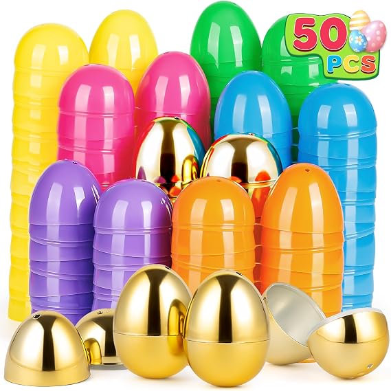 Duchong 50 Count 2.4" Easter Eggs with 8 Golden Eggs, Empty Plastic Eggs with Hinge, Perfect for Egg Hunt Theme Party Favor Decoration, Basket Stuffers Fillers, Classroom Prize Supplies