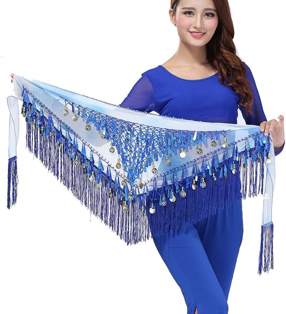 Women's Belly Dance Tassels Triangle Hip Scarf With Coins Sequins