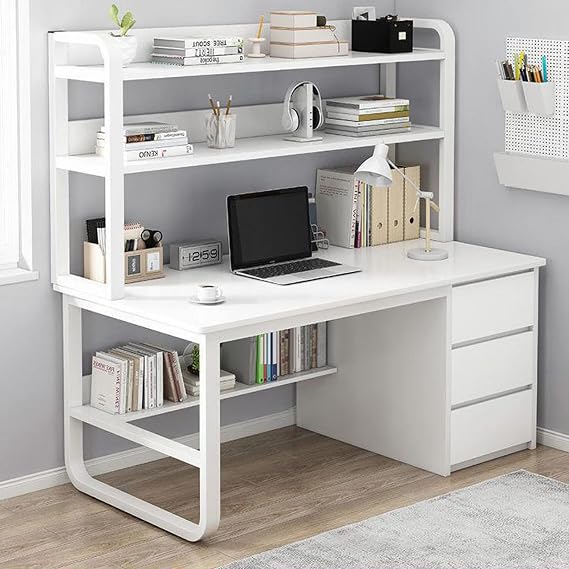Computer Desk with Hutch and Bookshelf,Home Office Desk with 3 Drawer Industrial Study Writing Table Workstation for Home and Office(47 Inch, White)