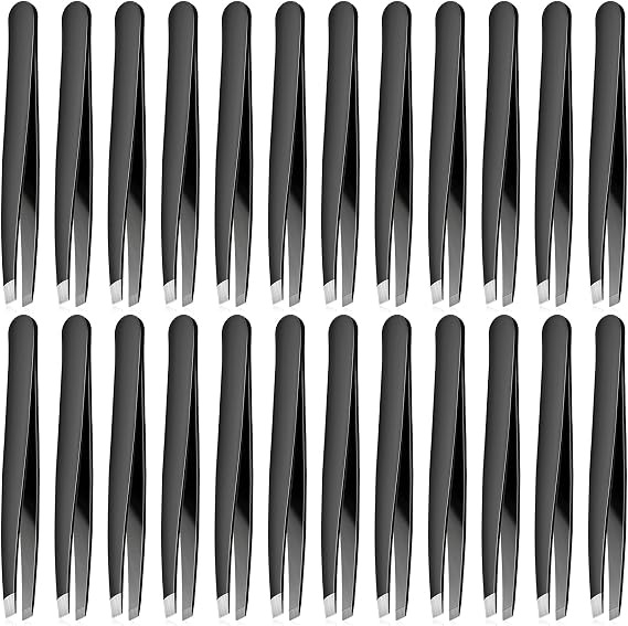 Mudder 24 Pieces Eyebrow Tweezers Bulk Stainless Steel Slanted Tip Precision Tweezers for Facial Hair, Blackhead and Tick Remover, Men and Women Professional(Black)