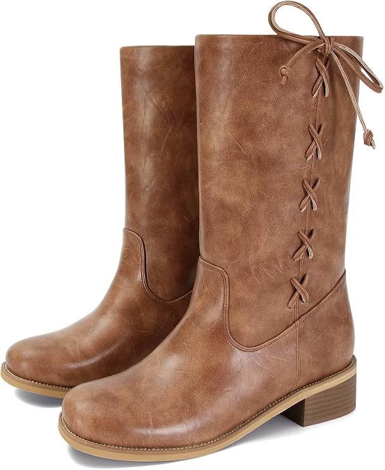 Mid Calf Boots for Women Wide Lace up Chunky Low Heel Booties Comfortable Round Toe Retro Cute Fall Winter Boot