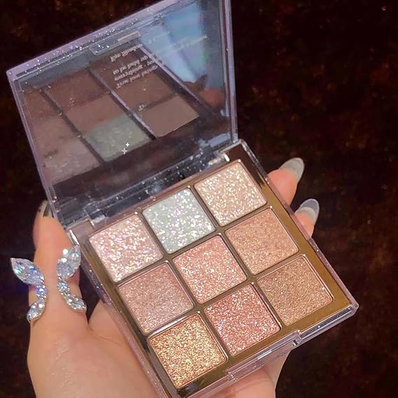 Sparkling Glitter Eyeshadow Palette - 9 Shades of Highly Pigmented Eye Shadow in Gold, White, and Pink. Ideal for Women's Makeup Looks