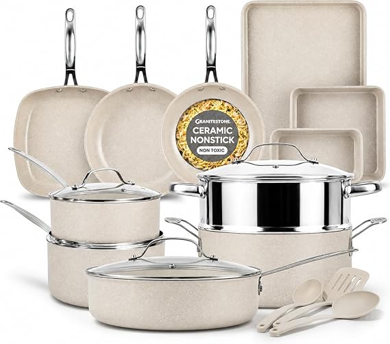 GRANITESTONE Ceraluxe 20Pc Pots and Pans Set Non Stick Ceramic Cookware Set