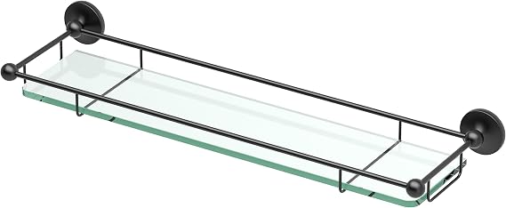 Gatco 1465MX Premier Tempered Glass Shelf, Matte Black/Wall Mounted 22" X 6" Floating Rectangle Glass Shelf with Railing for Bathroom Storage