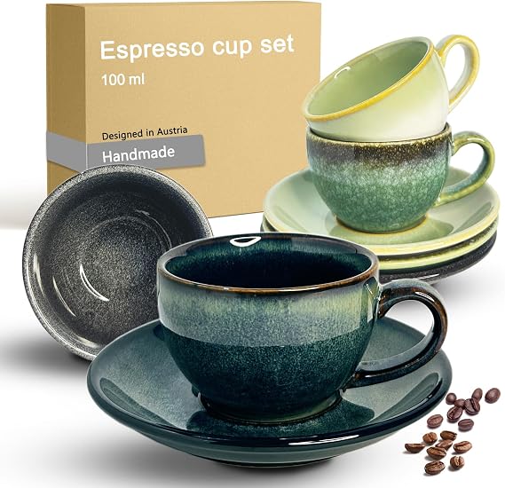 Espresso Cups Set with Saucers 4x100 ml, Colourful Thick-Walled Stoneware Coffee Cups, Handmade, Dishwasher Safe, Microwave Safe, Ceramic Cups for Espresso, Tea, Moka