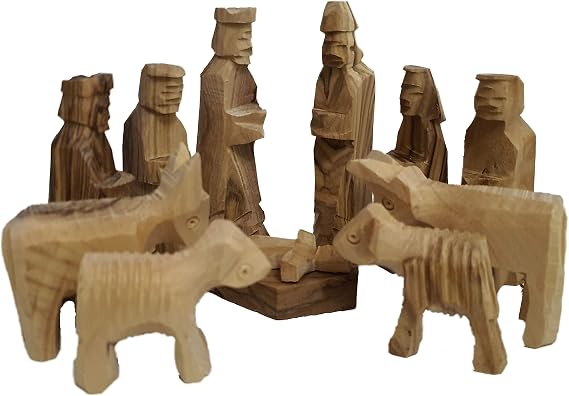 Handcarved Bethlehem Olive Wood Miniature Nativity Scene Set with Stable 12 Pieces (3" Figurines NO Stable)